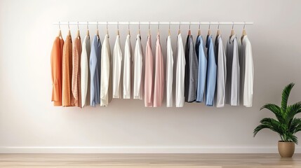 Colorful shirts hanging on a rack against a minimalistic wall, perfect for fashion and interior design inspiration.