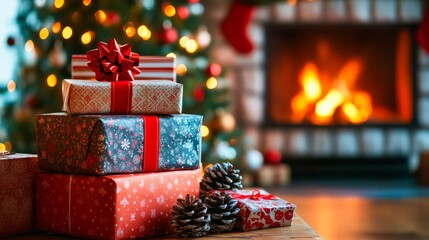 Festive wrapped gifts in front of a warm fireplace, surrounded by Christmas decorations and a colorful tree, capturing holiday cheer.