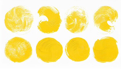 Set of round yellow brush strokes. Grungy texture. Hand drawn art.