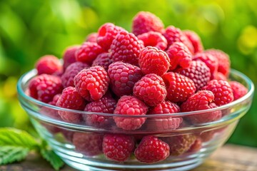 A closeup of a glass bowl filled with big, raw, organic, fresh, and delicious recently harvested rich red raspberries. The bright red raspberry fruit is juicy, ripe and fresh with a sweet fragrance.