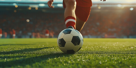 A soccer player kicks a ball on a field. Concept of excitement and energy, as the player is in the midst of a game. The bright green grass and the clear blue sky add to the overall mood of the scene