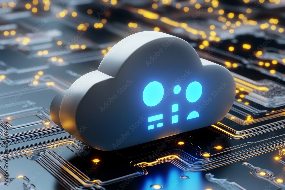 Poster radiant cloud icons on a tech motherboard emphasizing connectivity and data flow in cloud technology