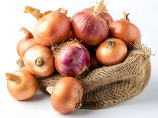 Freshly harvested onions in a burlap sack on a white background