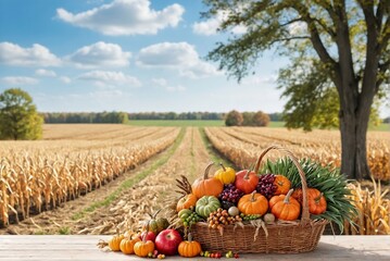 Happy Thanksgiving Day background with Basket Of crops On the Harvest Table With Field Trees And Sky with copy space.
