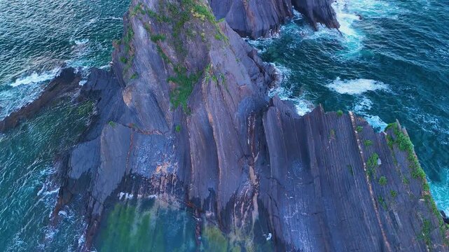Coastal landscape of the Black Flysch at Punta and Saturrar&aacute;n beach in Ond&aacute;rroa. Aerial view from a drone. Province of Bizkaia. Basque Country. Spain. Europe