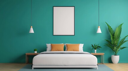 Modern bedroom interior featuring a turquoise wall, cozy bed, and stylish decor. Perfect for home design inspiration.