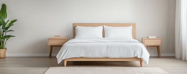 Modern bedroom featuring a plush bed with white linens, elegant wooden furniture, and a soothing indoor plant.