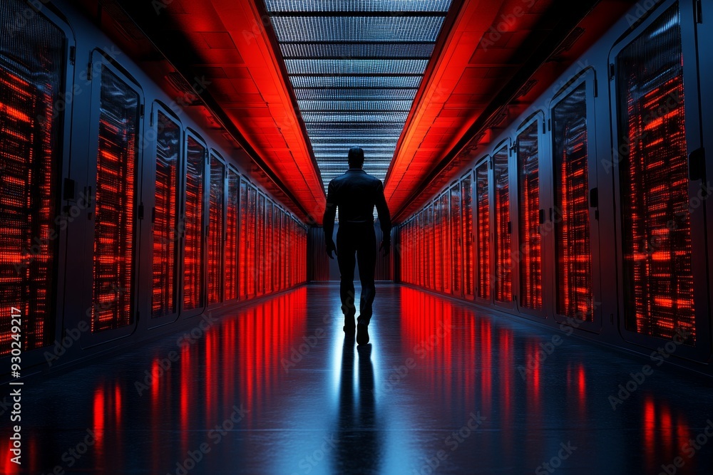 Aufkleber man walking in a data center corridor illustrating the integration of human oversight in technology 