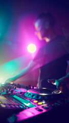 Obraz premium DJ, immersed in vibrant hues, crafts musical journey, his hands moving effortlessly over controls as lights dance around him. Concept of modern music and technology, party, disco, nightlife.