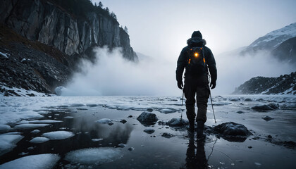Frozen Lake Lost in Foggy Winter: The Traveler's Journey Immersed in Landslide