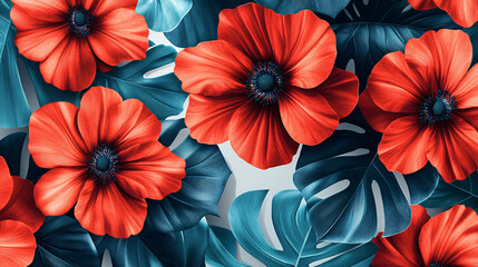 Obraz premium a floral pattern where hyper-realistic radiant red flowers are paired with bold turquoise leaves, all set against a crisp white background
