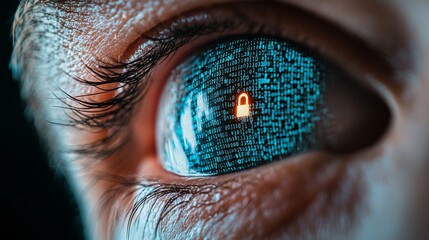 An intricate close-up view of an eye reflecting a secure digital lock, surrounded by intricate binary code, representing the intersection of human vision and cybersecurity technology.