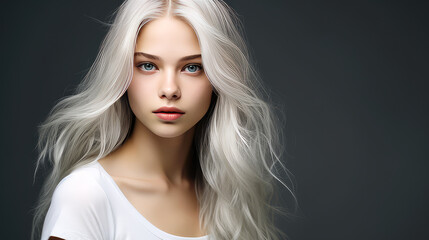 Fototapeta premium Portrait of a serious aggressive blonde teenage girl with white long hair with perfect skin, gray background, banner.