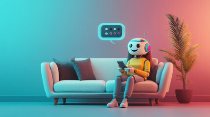 Cartoon character of a woman sitting on a sofa with a phone, smiling at a robot. The robot has a mock-up text speech bubble. Represents AI assisting humans in generating ideas, with a concept .