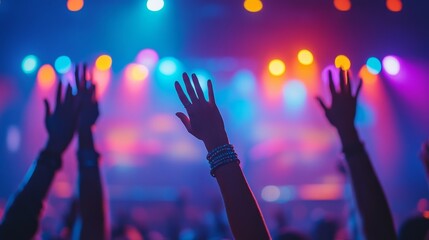 A lively concert scene with hands raised, silhouetted against vibrant neon lights, capturing the energy and enthusiasm of live music and communal celebration.
