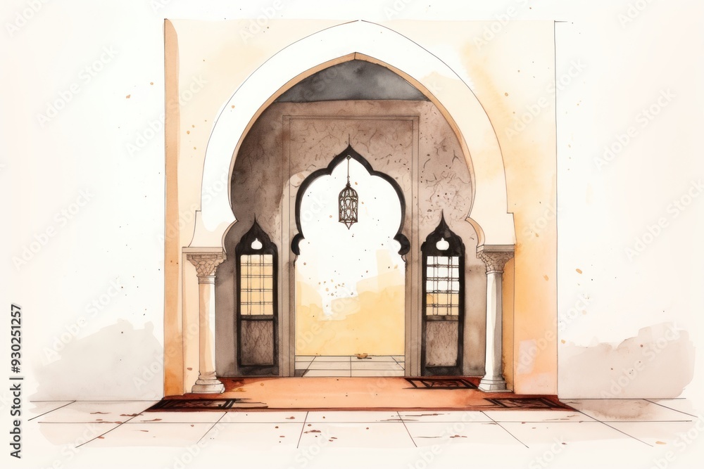 Poster mosque window arch architecture building sketch.