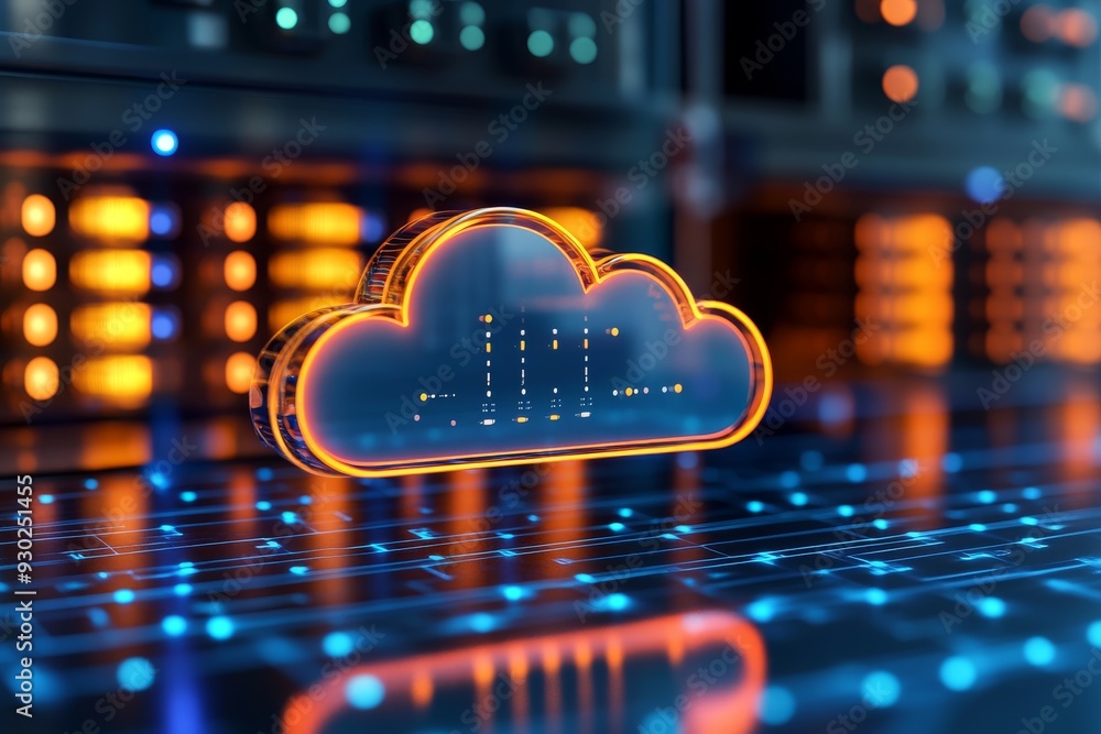 Poster digital cloud hovering over a tech cityscape at night metaphorically showing cloud computings urban 