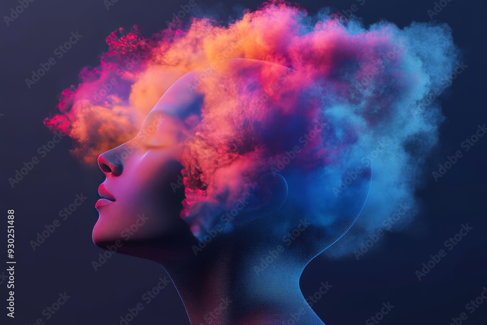 Poster brainstorming concept with a head emitting colorful digital smoke representing creativity in technol