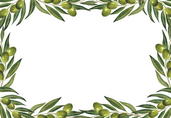 Watercolor frame with green olive branches Floral background framework template poster postcard olive oil design Italian cafe restaurant decoration certificate wrapping paper Botanical border Natural