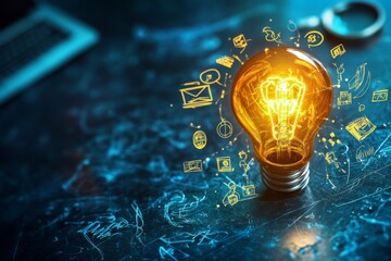 A bright light bulb is lighting up different media and communication icons on a dark surface, representing the intersection of technology, innovation, and information dissemination.