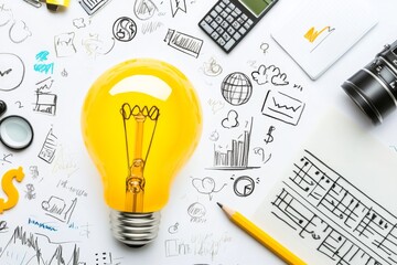 A yellow light bulb is placed prominently on a white surface surrounded by business sketches and technological objects, representing innovation, planning, and modern business strategies.