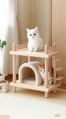 Two playful cats sit atop a wooden cat house, which has cozy climbing spaces and a furry interior, enhancing their playful environment