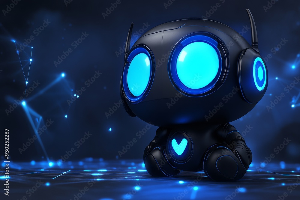 Poster blue robot with glowing eyes seated in a digital environment exploring themes of loneliness in techn