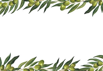 Watercolor banner with green olive branches for border poster postcard Olive oil design wallpaper wrapping paper Italian cafe decoration invitation certificate Floral frame template Natural background