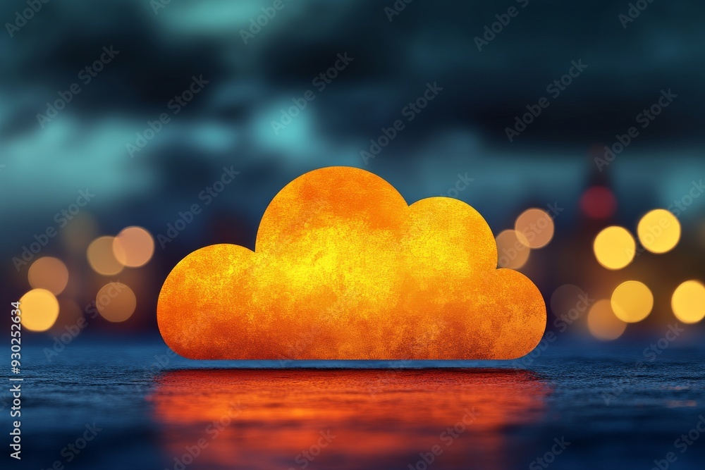 Poster neon lit cloud reflecting on water surface symbolizing data storage and network fluidity in technolo