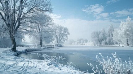 Fototapeta premium Winter landscape with snow-covered trees and a frozen lake, creating a serene winter wonderland