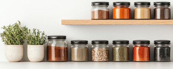 Organized spice jars on a wooden shelf with fresh herbs in pots, adding freshness and flavor to any kitchen decor.