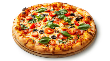 Hot and Freshly Cooked Pizza with Traditional Ingredients and Crispy Crust, Isolated on White