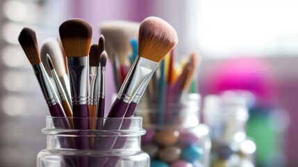 Fototapeta premium Make-up cosmetics brushes on a table. Beauty background.