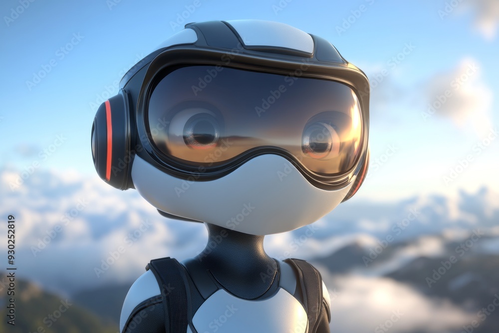 Poster vr headset on robotic figure exploring virtual reality technology in a futuristic setting