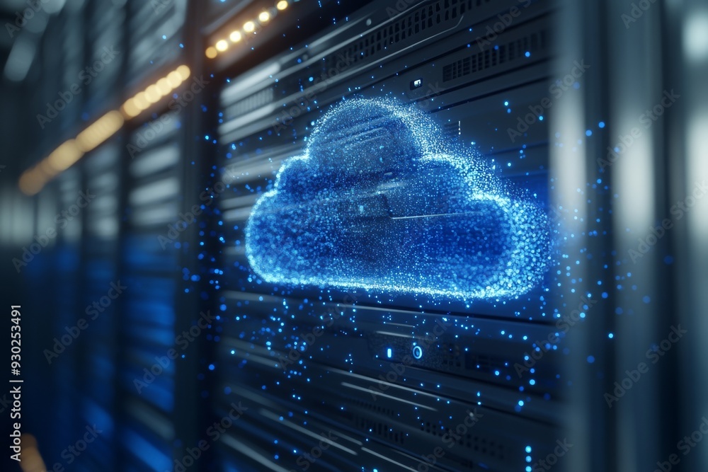 Aufkleber person in a data center reaching for a glowing cloud depicting human interaction with cloud computin