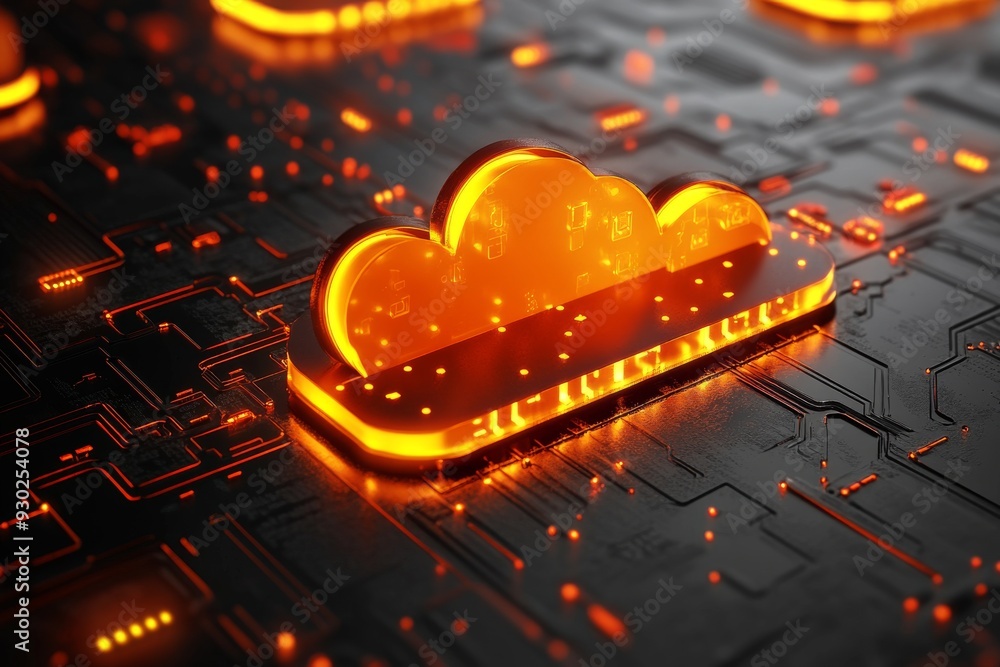 Poster vibrant orange digital cloud hovering over hardware depicting high speed data transfer and connectiv