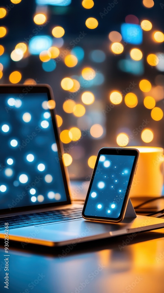 Poster a smartphone and tablet side by side, with a computer in the background, representing modern technol