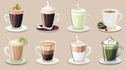 Variety of coffee and tea drinks including mocha, green tea, hot chocolate, black coffee, matcha, cappuccino, and flat white, in a stylish set