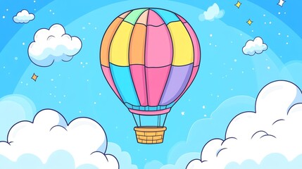 Fototapeta premium A cartoon hot air balloon floating in a blue sky with clouds.