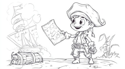 Obraz premium A black and white line drawing of a cartoon pirate holding a treasure map.