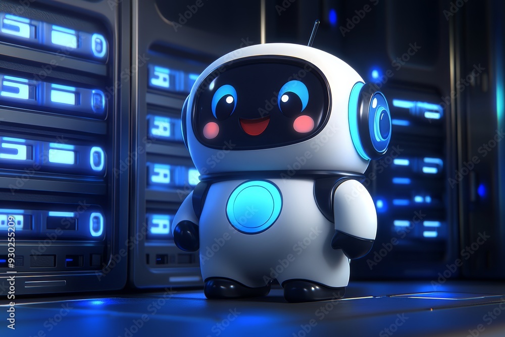 Poster cute robot character in server room illustrating the intersection of ai and playful technology