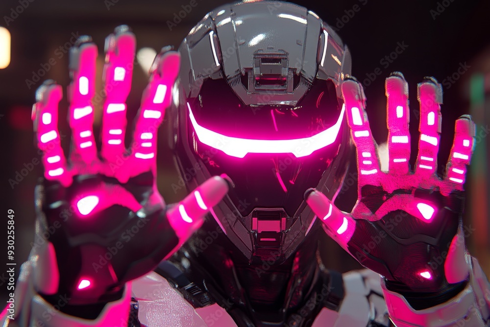 Poster futuristic robot with glowing hands in a dynamic pose emphasizing the power and potential of robotic
