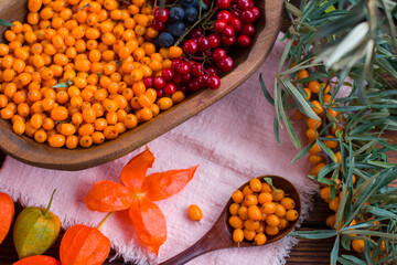 The harvested harvest of yellow sea buckthorn berries. Autumn harvest of healthy berries for the winter