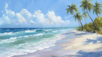 Tranquil beach scene with gentle waves, soft sand, and palm trees swaying in the breeze