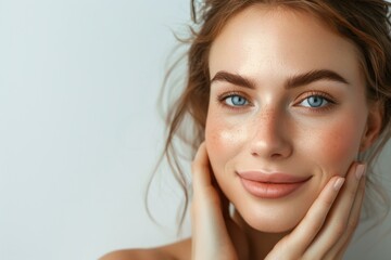 Young woman with perfect skin, smiling and touching her face, beauty and spa concept, grey background.
