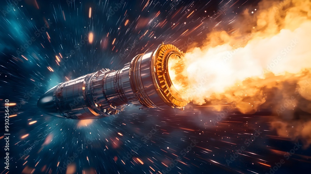 Poster powerful space rocket engine blasting off dynamically into the sky