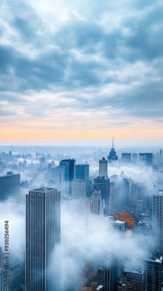 Poster a serene early morning cityscape with fog rolling in, creating a calm and introspective mood