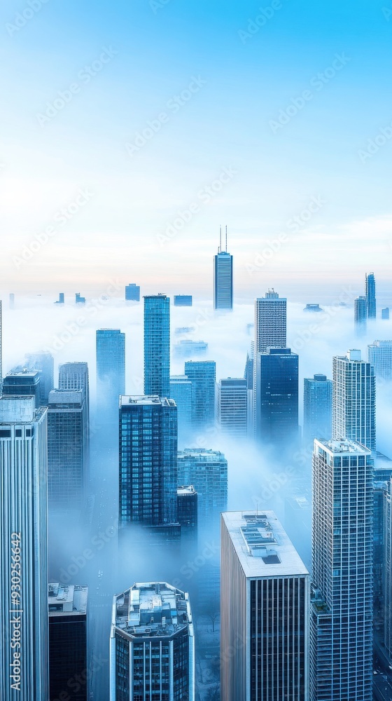 Poster a serene early morning cityscape with fog rolling in, creating a calm and introspective mood