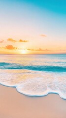 A serene beach at sunset with gentle waves lapping at the shore, the sky painted in warm hues of orange and pink, evoking a sense of calm and tranquility