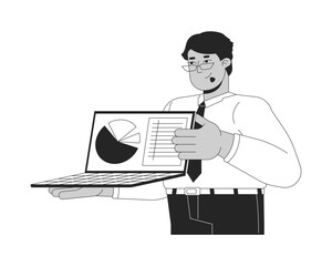 Male employee holding laptop pie chart black and white 2D line cartoon character. Arab man analyst isolated vector outline person. Data analysis. Sales statistics monochromatic spot illustration